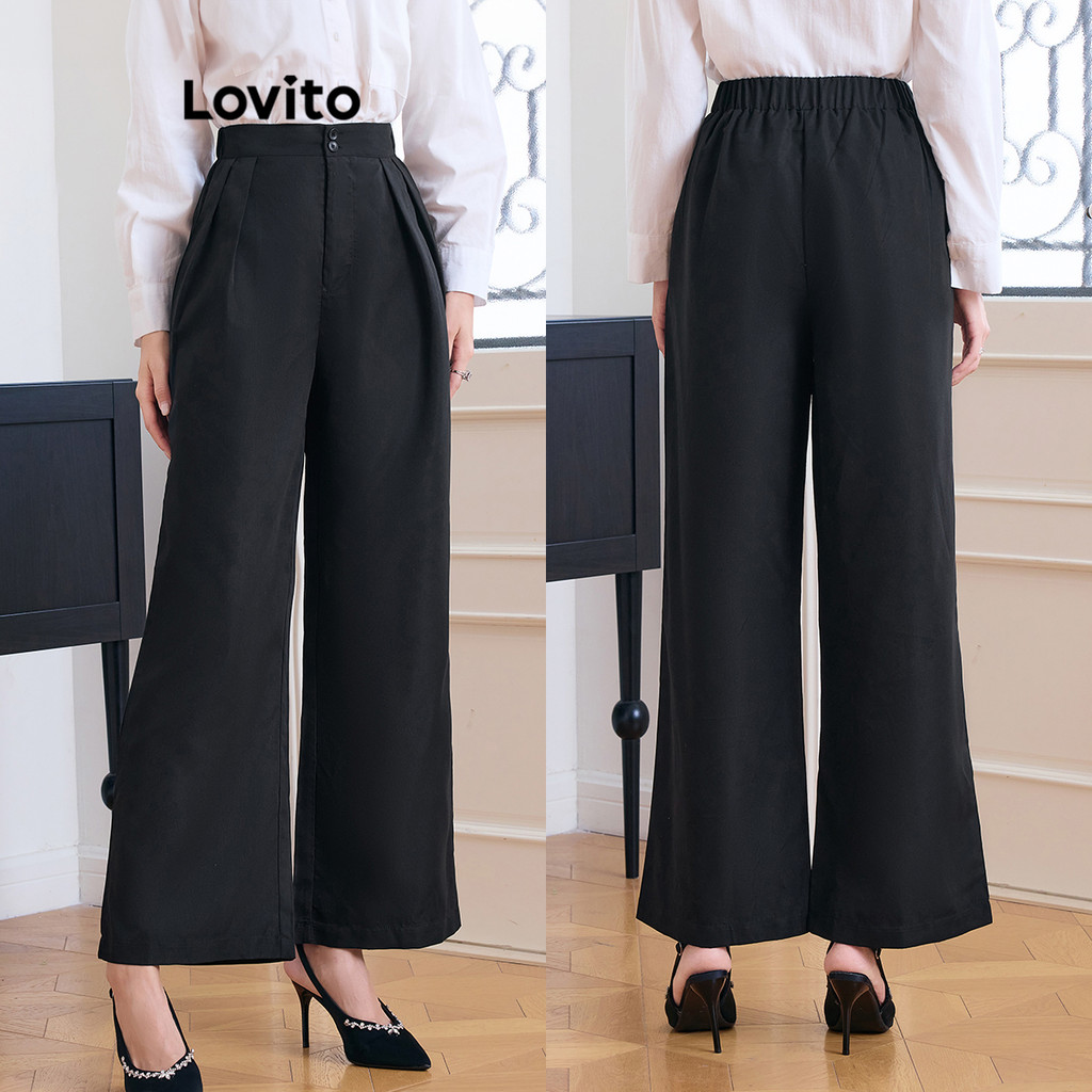 Lovito Calças plissadas casuais lisas para mulheres L109MD143 - Women Clothes