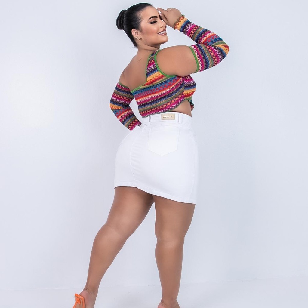 Saia Jeans Plus Size Branca Barra Feita Cintura Alta Moda — imagem 2 de 2