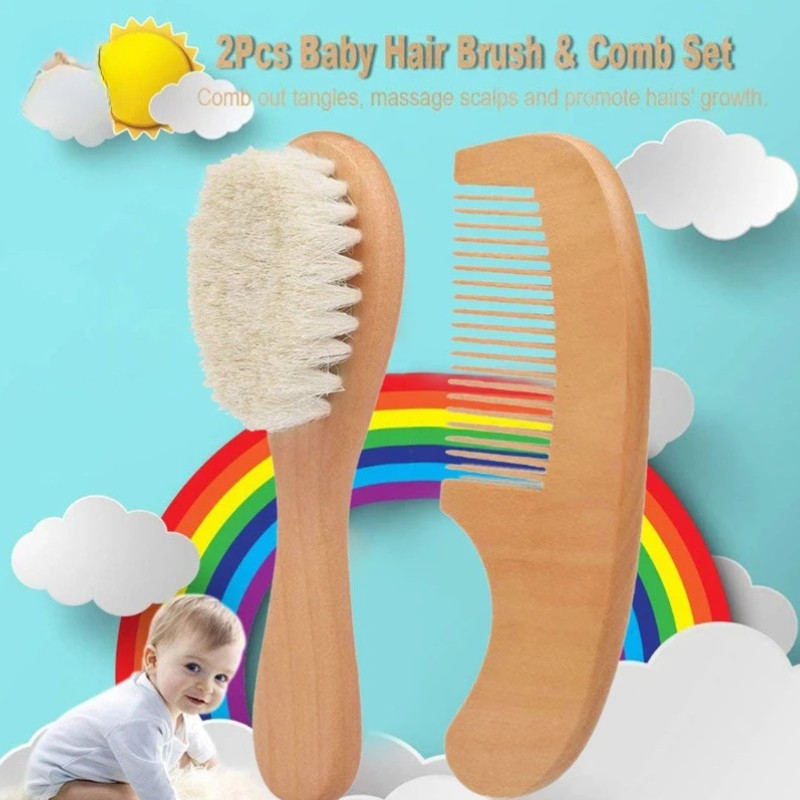 2 Peças/Kit Escova De Cabelo De Lã Com Pente De Madeira Para Massagem/Cuidados O Bebê | Conjunto De