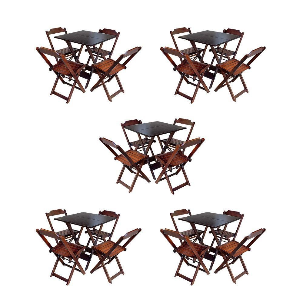 Kit 5 Conjuntos De Mesa Dobravel Com 4 Cadeiras De Madeira 70X70 Para Restaurante E Bar - Imbuia