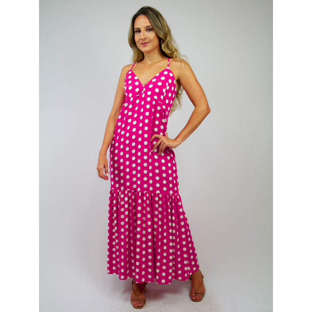 Vestido Feminino Viscose Bojo Tropical Poá Solto de Viscose de Alça Tendência Verão