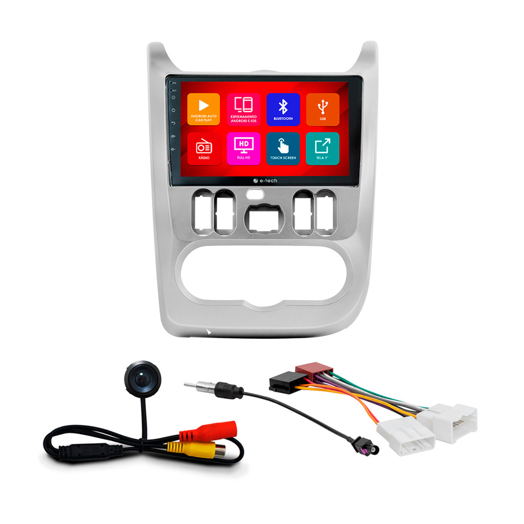 Kit Multimídia 9 Pol Sandero Authentique Expression Stepway Privilege Logan 2011 Android Auto CarPlay Qa+ 2 Din Prata