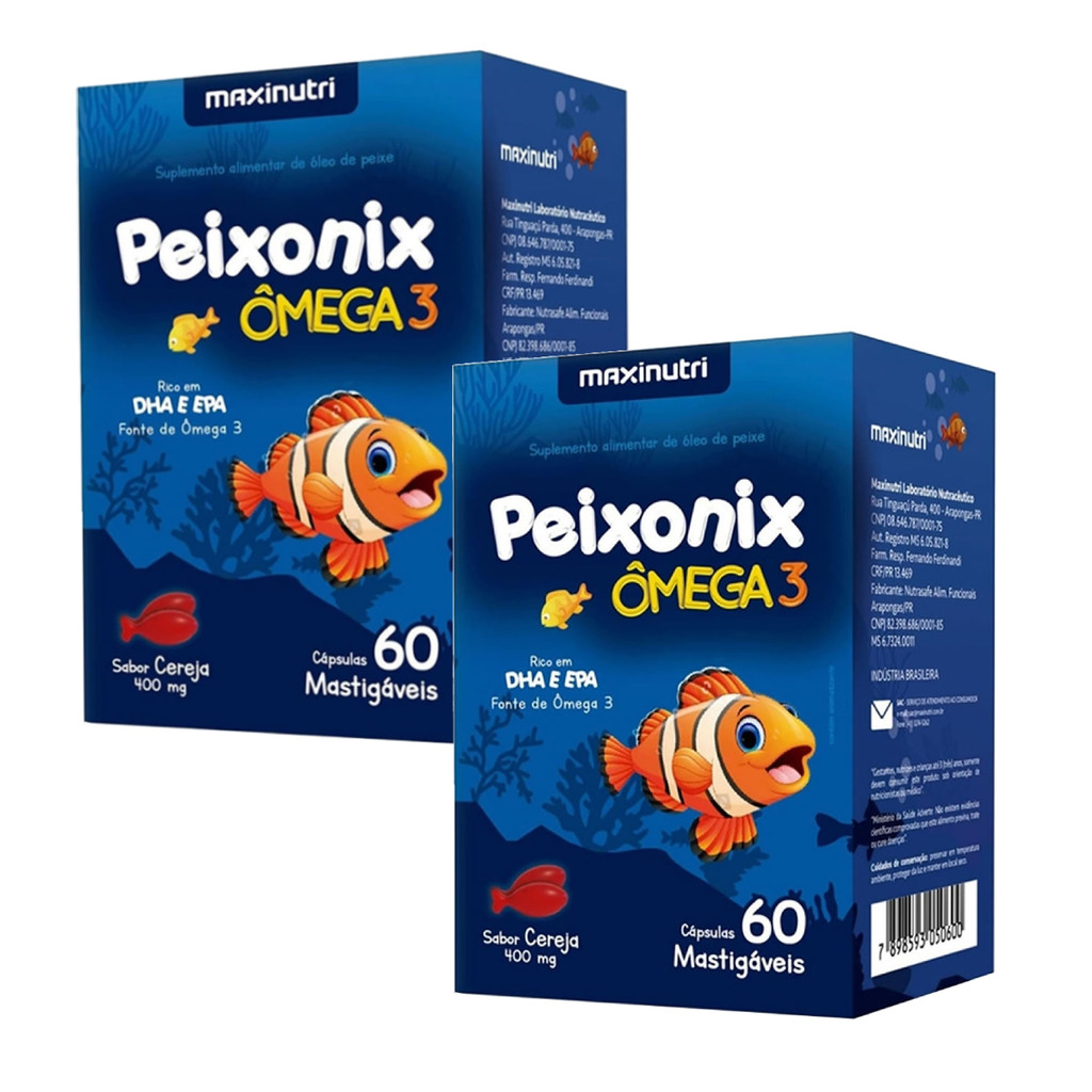 2 x Ômega 3 Mastigável Peixonix Sabor Cereja 60 Cápsulas - MaxiNutri em Oferta na Shopee