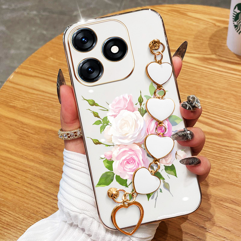 Capa Para Infinix Smart 8 Pro Plus Hot 40i Tecno Spark Go 2024 20 20C Pop 8 Itel P55 4G Rosa E Branco Com Pulseira De Am