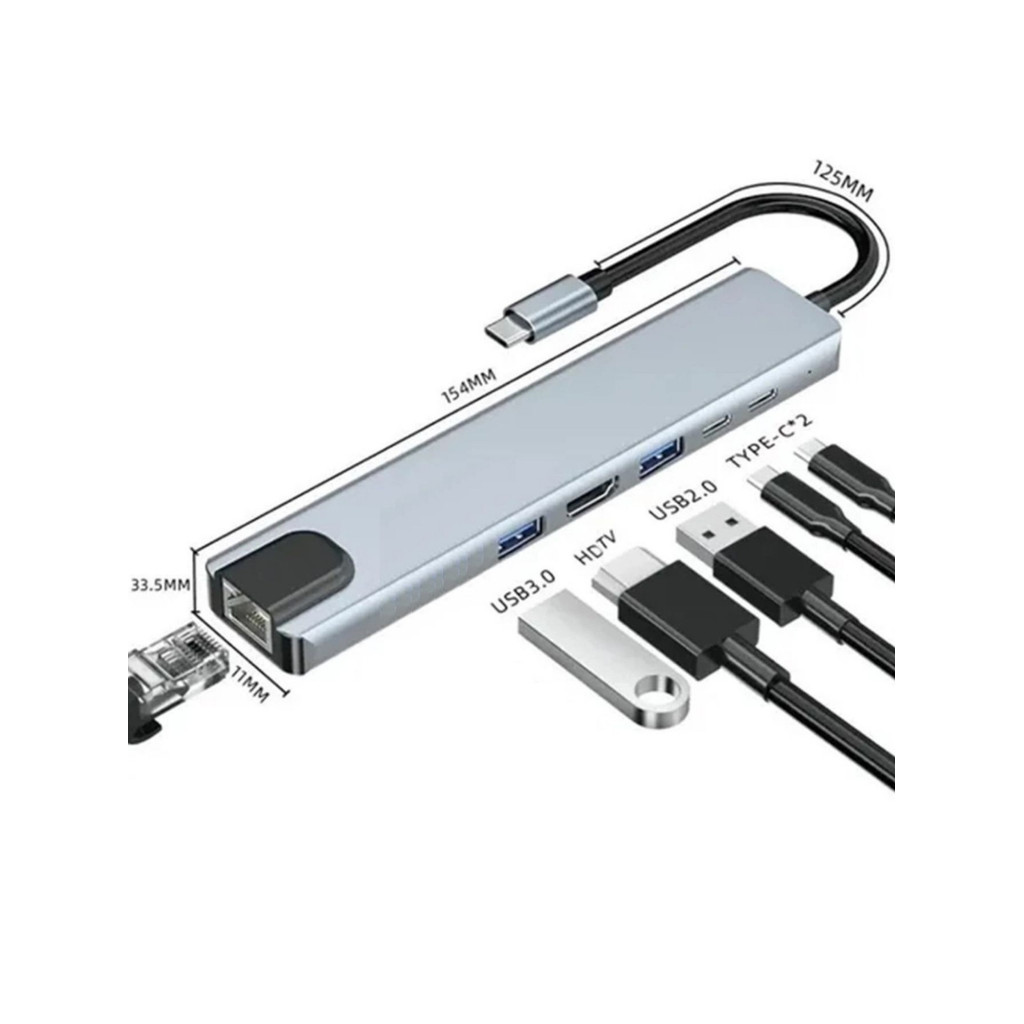 Hub USB C 8 em 1 com HDMI 4K RJ45 Adaptador Tipo C com USB 3.0 PD para Notebook MacBook Celular