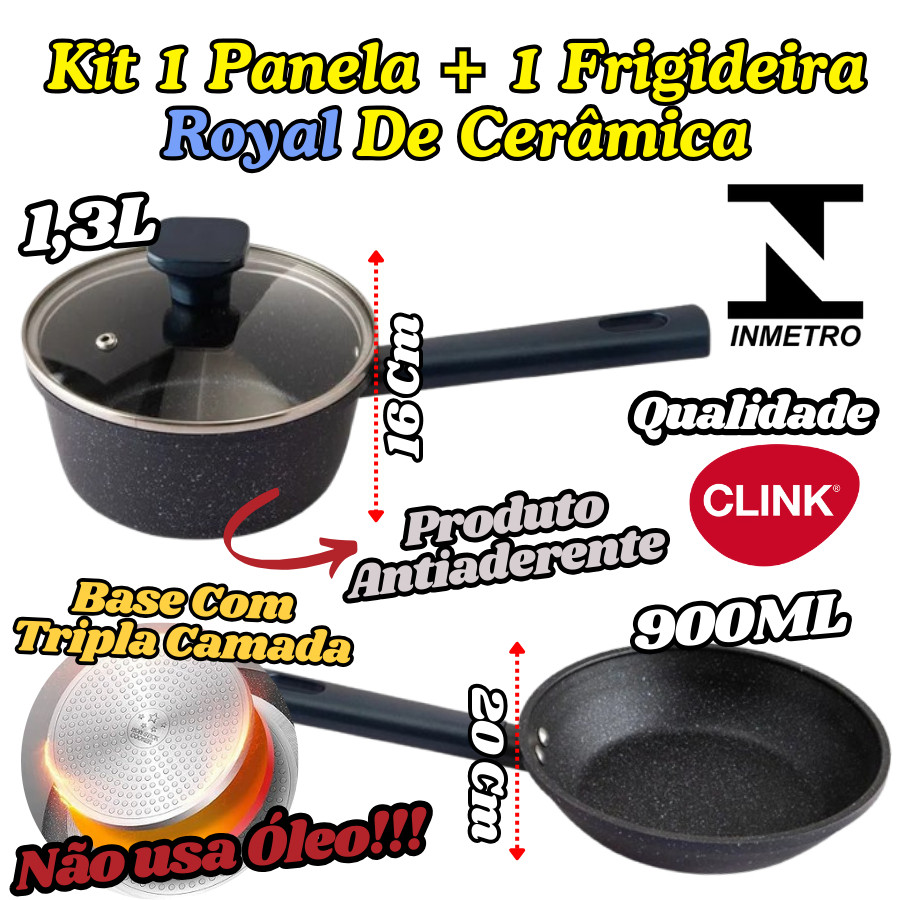 KIT Panela 1,3L E Frigideira 900ML Royal De Cerâmica Inmetro Clink Antiaderente Base Tripla Camada