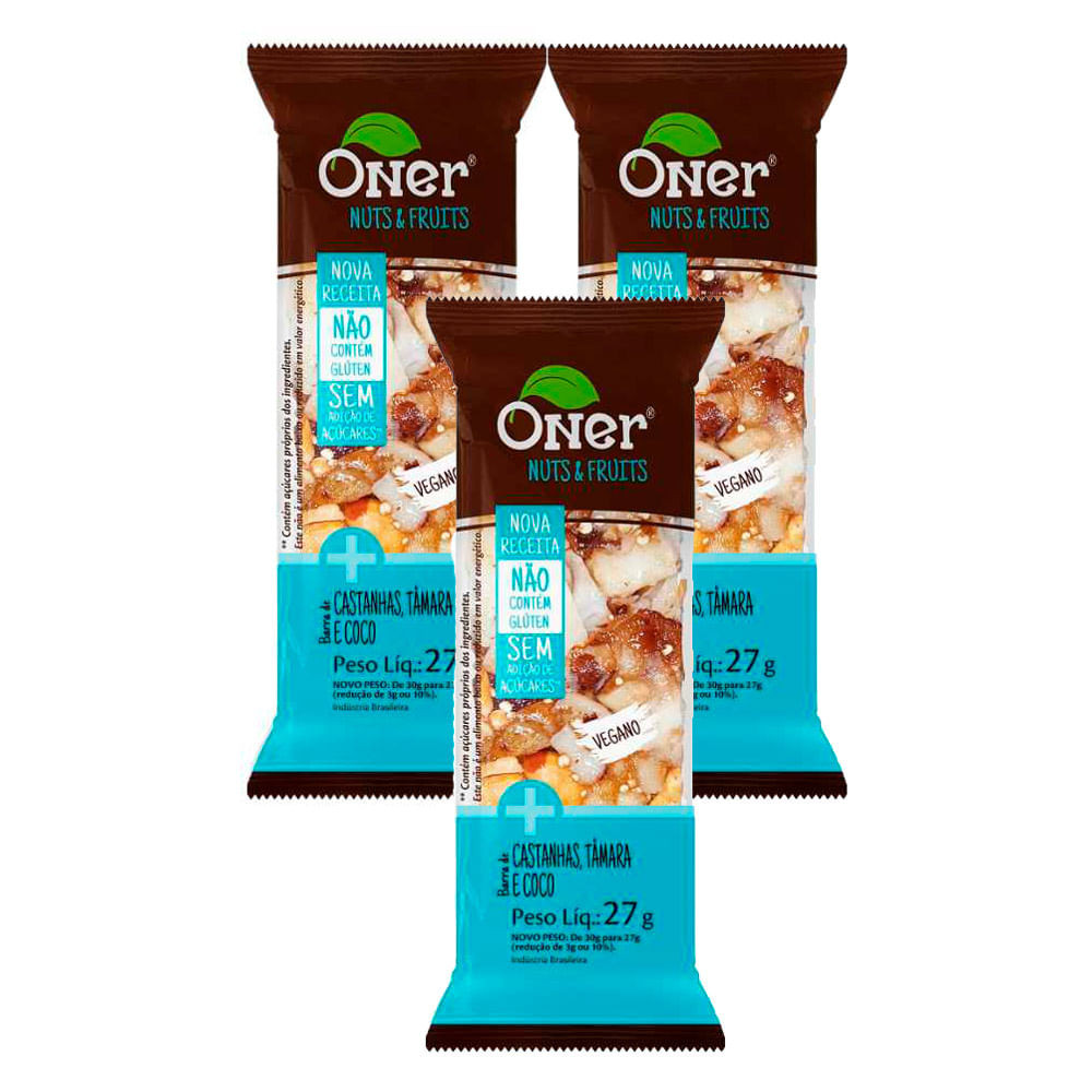 Kit 3 Barra Oner Nuts & Fuits de Castanhas Tâmara e Coco 27g - Food & Beverages