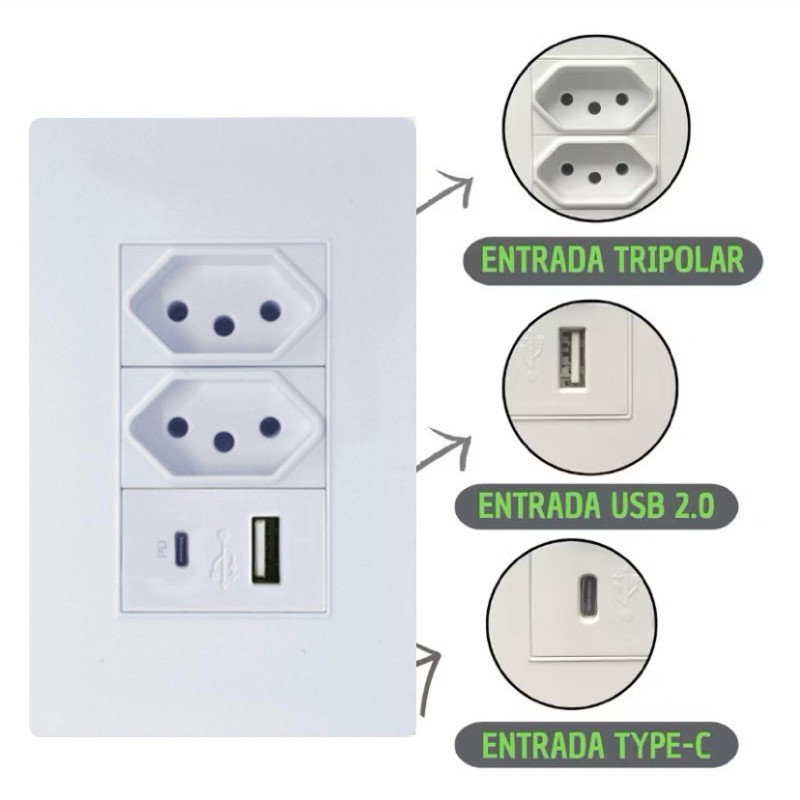 Tomada de Parede Dupla Com Entrada Usb e tipo C 5V Bivolt - 4 em 1 Carregamento Rápido Multi Carregamento