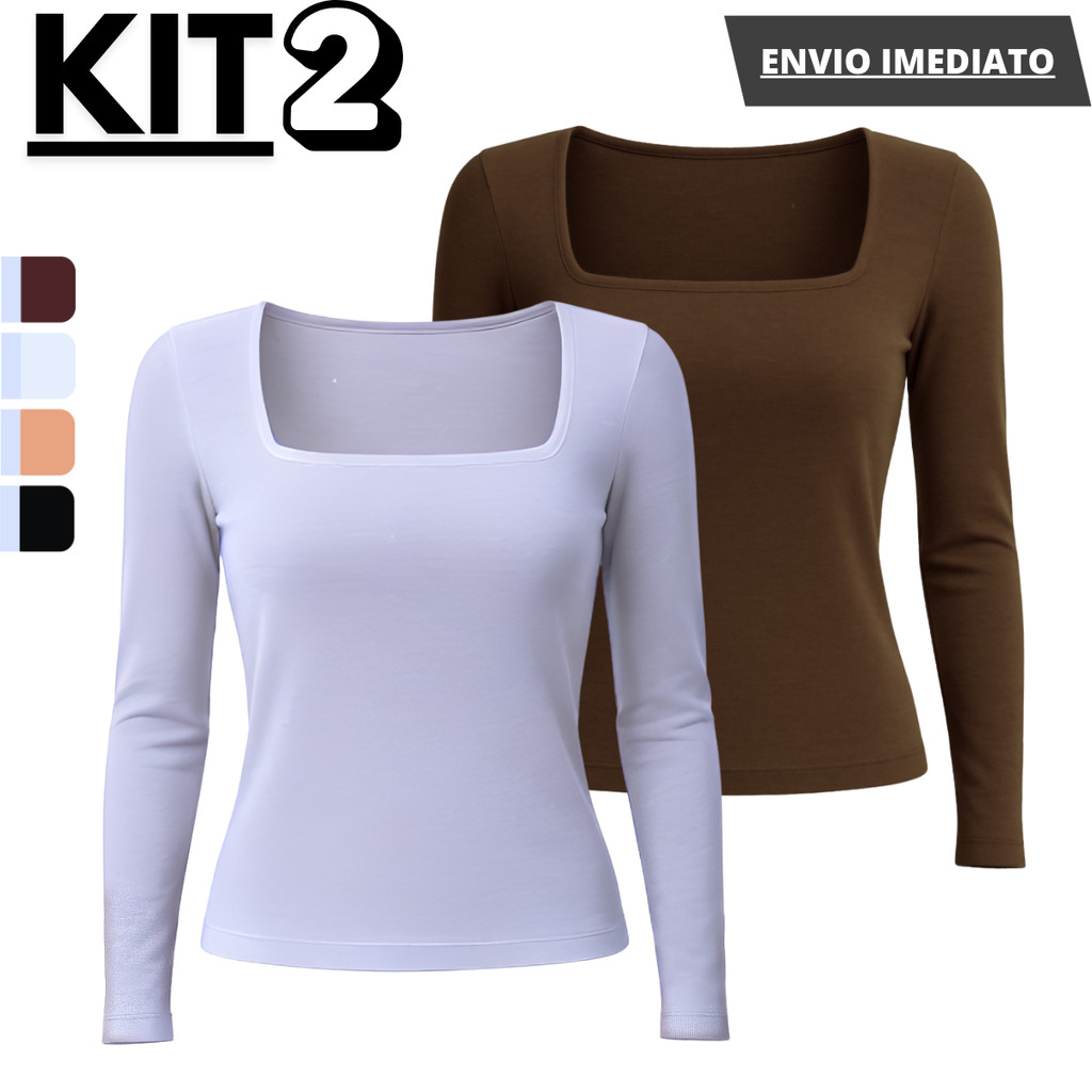 Kit 2 Blusa Manga Feminina Longa Decote Quadrado de Suplex Básica em Oferta na Shopee