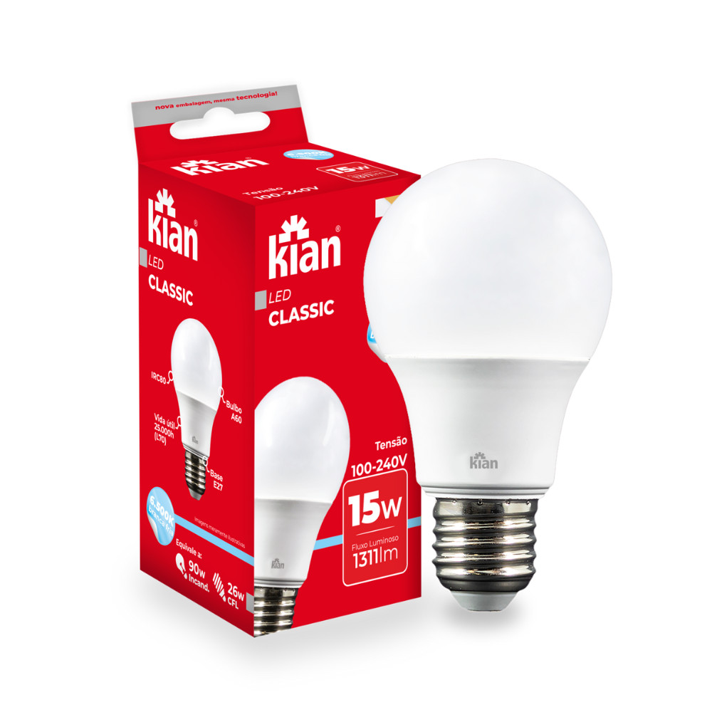 Lâmpada Led Bulbo 15w 6500k Luz Branco Frio Bivolt 110-220w Bocal E-27 Kian Iluminação Potente