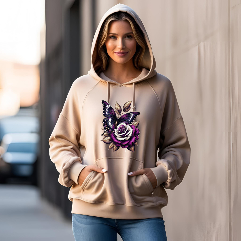 Moletom blusa de frio casaco canguru feminino estampado borboleta rosa roxa