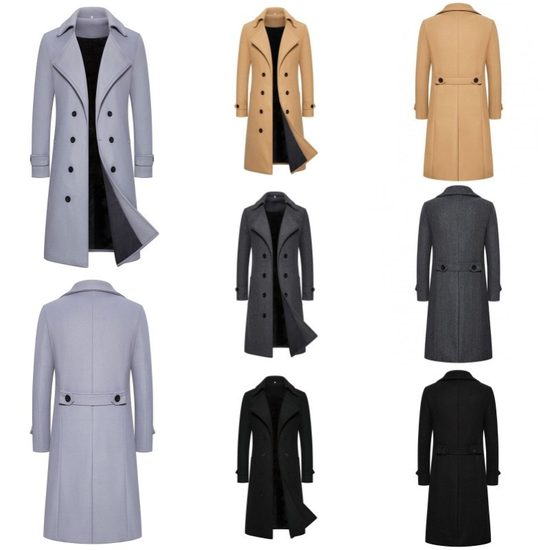 Casaco Longo Masculino Com Lapela Entalhe Duplo Breasted , Sobretudo Casual De Inverno , De Lã Para Homens