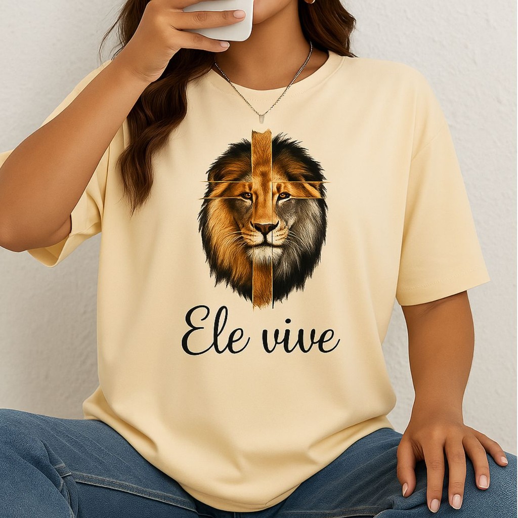 camiseta feminina oversized leão ele vive  street cristã 100% algodão gospel em Oferta na Shopee
