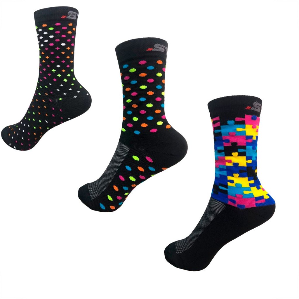 Meia Ciclismo STN Cano Médio Várias Estampas Puzzle Poá Pontos Divertida Performance Conforto