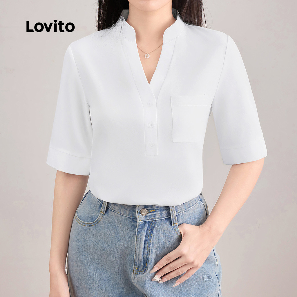 Lovito Blusa Casual com botões lisos para mulheres L121AD1283 - Women Clothes