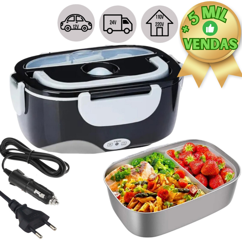 Marmita Elétrica Portátil Bivolt 12V/24V e 110V/220V – Ideal para Casa, Carro, Caminhão, Uber e Táxi | Acompanha 2 Cabos