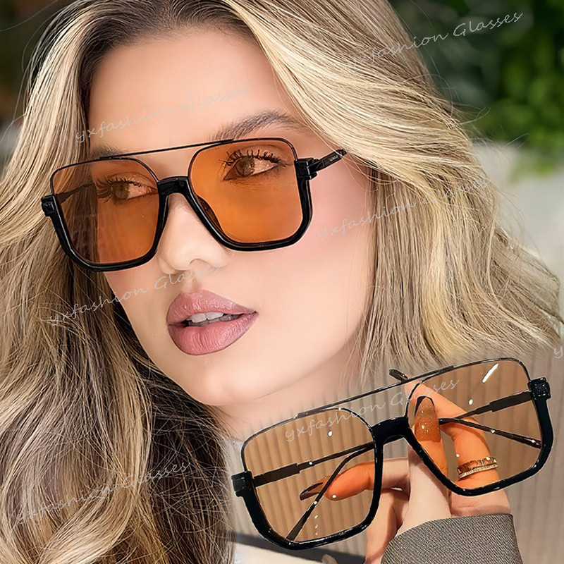 Retro Duplo Feixe De Metal Óculos De Sol Para Mulheres Moda Masculina Grande Quadro Quadrado Ao Ar Livre Tons Resistênci em Oferta na Shopee