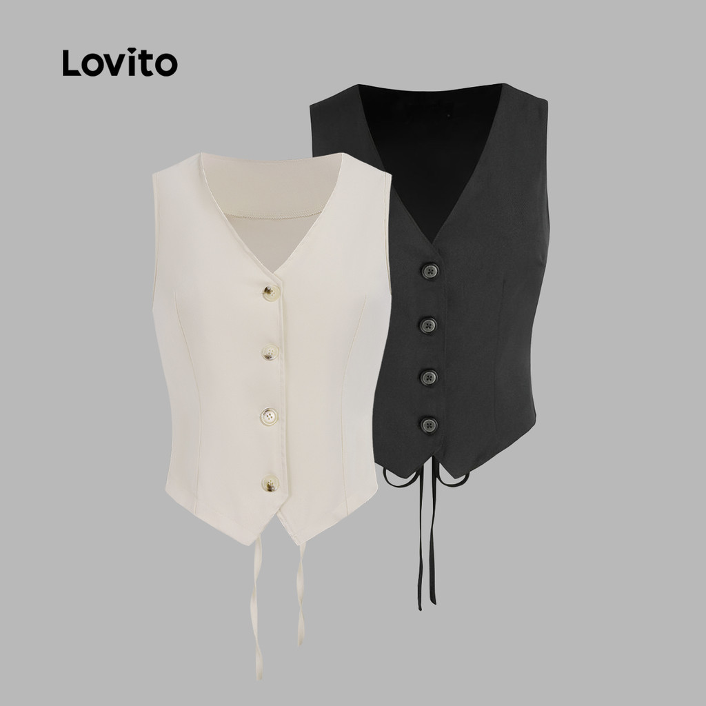 Lovito Regata Casual Lisa Com Cadarço Para Mulheres L67AD041 (Preto) - Women Clothes
