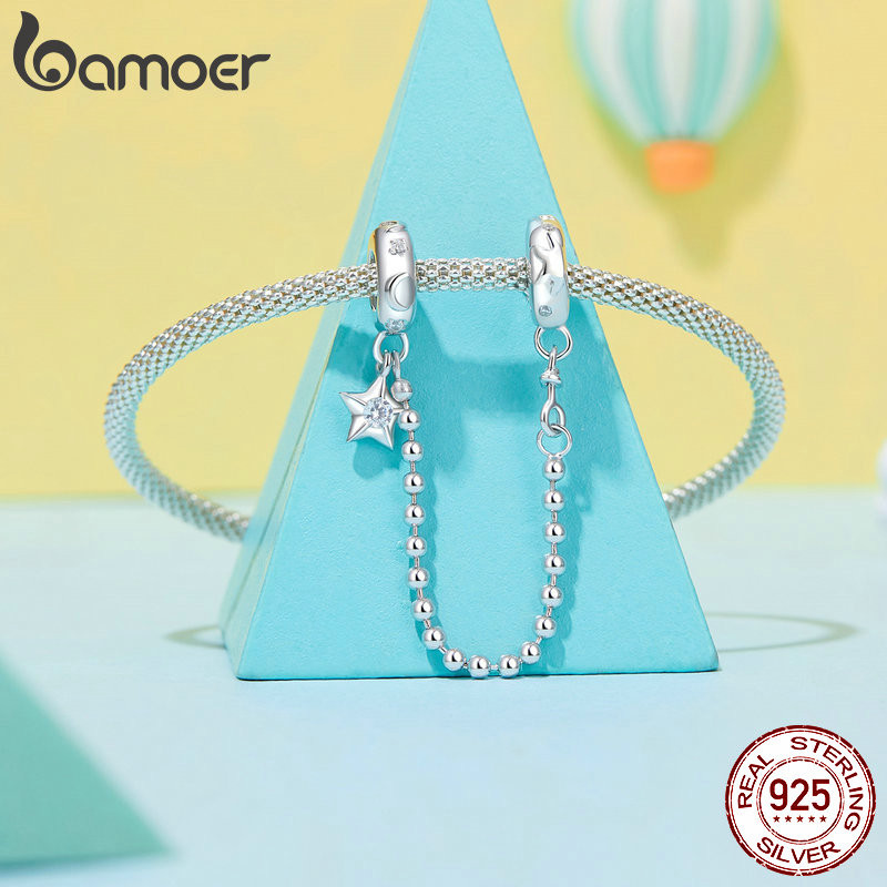 Detalhes do Bamoer 925 Prata Esterlina Encantos Contas Corrente De Segurança Estrela Lua Design Diy Para Pulseira Presentes Mulher S