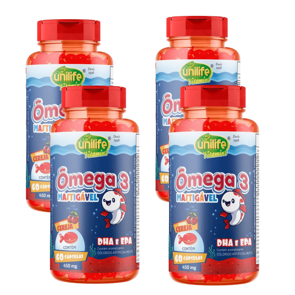 Kit 4 Omega 3 Kids Mastigavel 60 Capsulas - Unilife em Oferta na Shopee