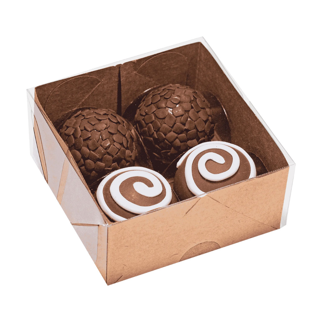 Detalhes do Kit 10~50 Caixas Basic Kraft Para 4 Doces C4658 Com Tampa De Acetato Brigadeiro Trufa Bombom Ideia