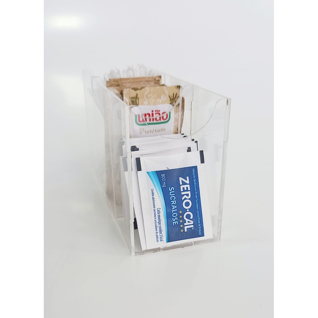 Porta Açúcar com 3 Divisórias em Acrílico Transparente Adoçante Mexedor Cantinho Café Decoração