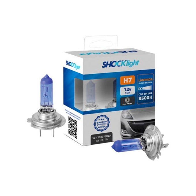 PAR LÂMPADAS SUPER BRANCA H7 SHOCKLIGHT 55W 8500K 12V em Oferta na Shopee