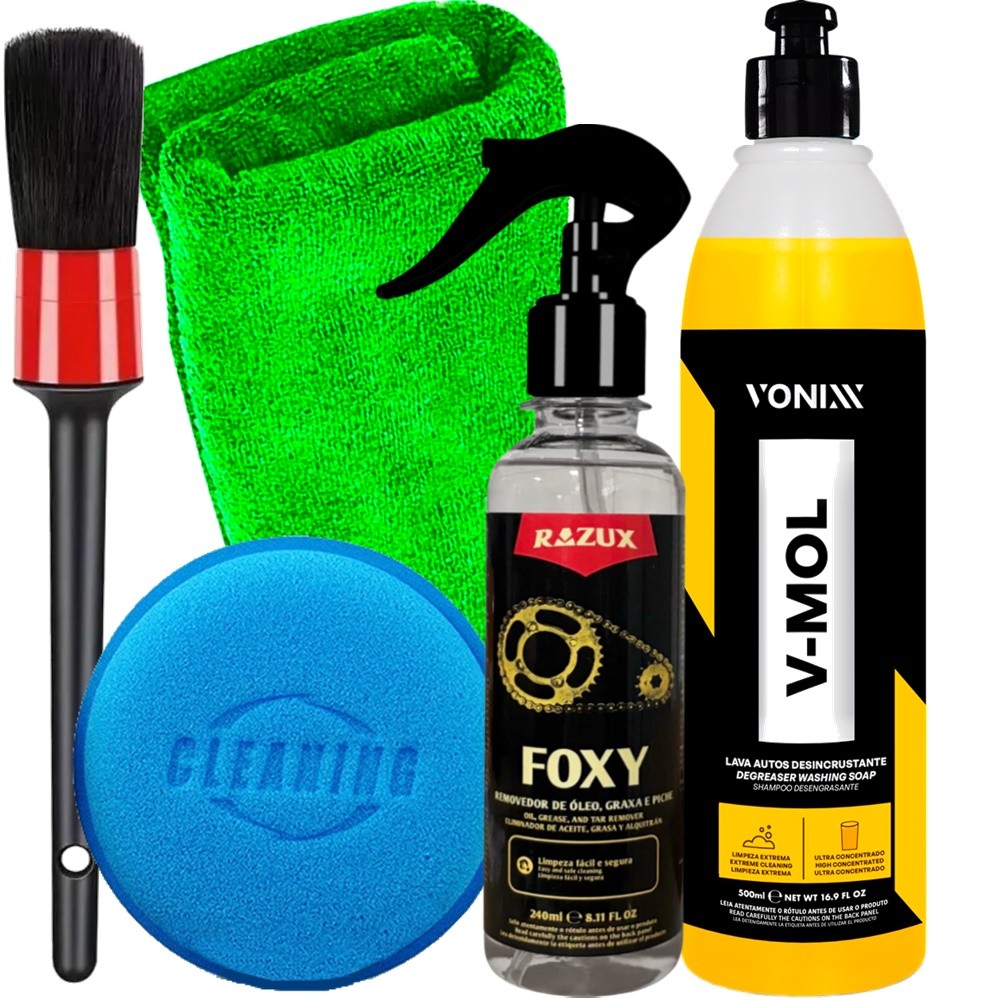 Kit Limpeza de Moto Estética Vonixx Shampoo Para Lavar Tirar Barro V-Mol Removedor de Graxa Óleo Corrente Foxy em Oferta na Shopee