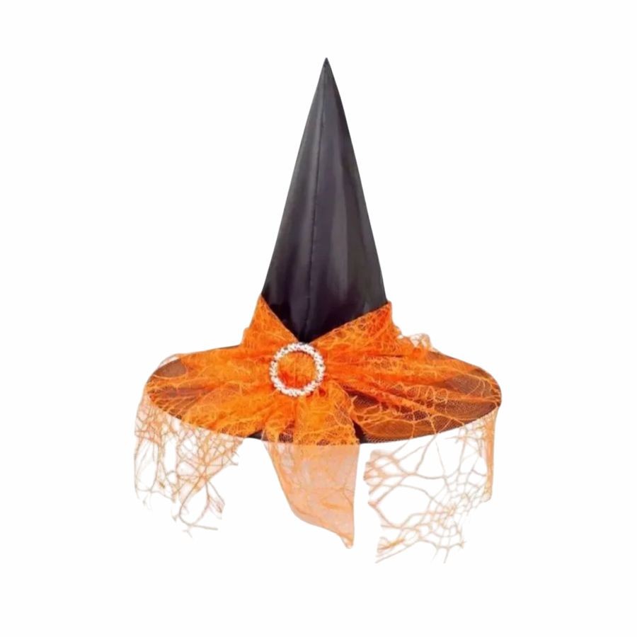 Chapéu de Bruxa Preto com Véu Laranja - 1 unidade - Rizzo