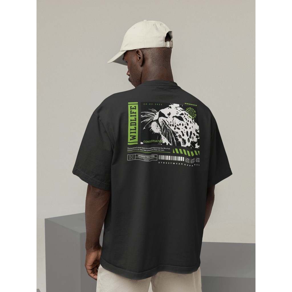 Camisa Camiseta Oversized Streetwear Masculino Urbano Treino Preto e Off Whte Estampado - WILDLIFE