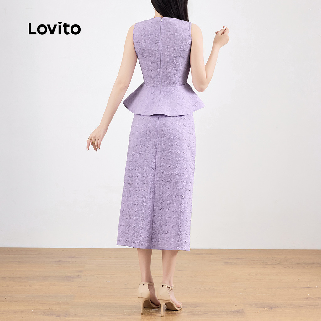 Detalhes do Lovito Top Elegante Com Babados E Bainha Jacquard Verão/Primavera Tops Ou Calças Para Mulheres L129ED484
