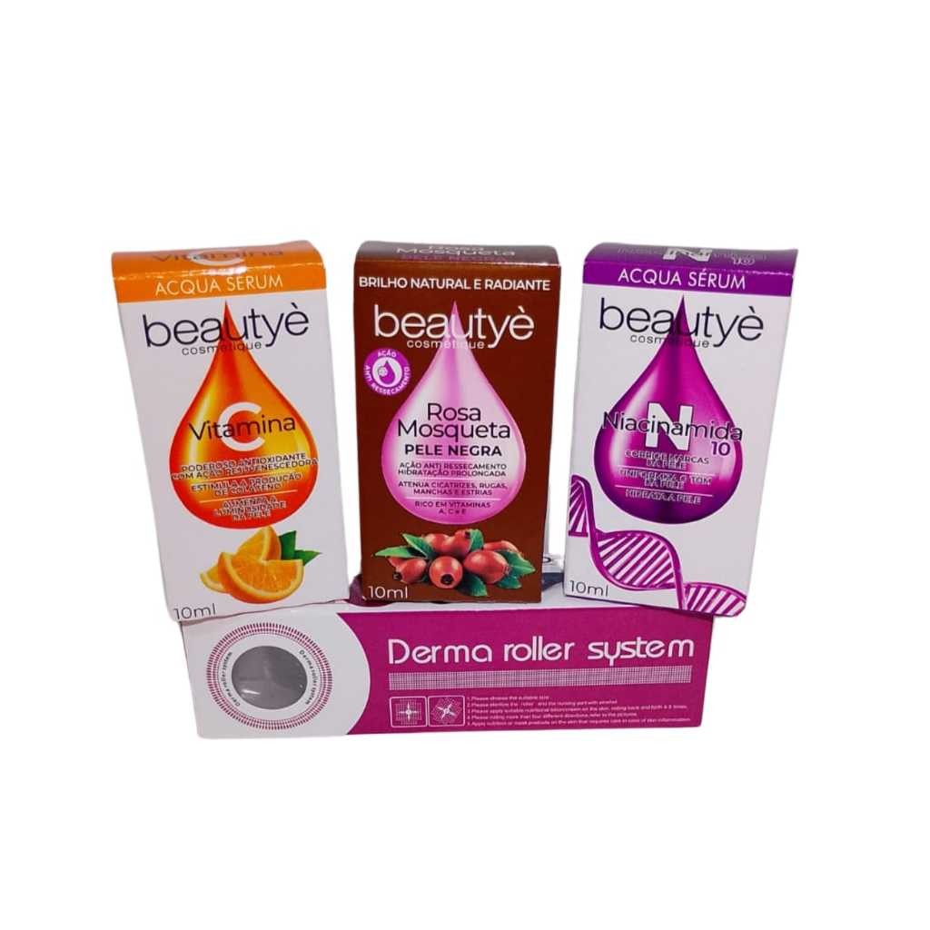 Kit SkinCare Pele Negra Beautyè - Vitamina C + Niacinamida 10% + Rosa Mosqueta 100% Pele Negra | 3x10ml + Dermaroller