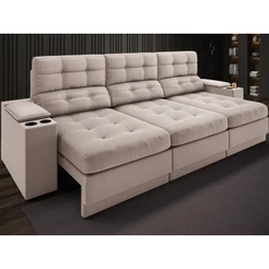 Sofá com Porta Copos e Carregador USB Eureka 2,30m Assento Retrátil e Reclinável Velosuede Bege - NETSOFAS