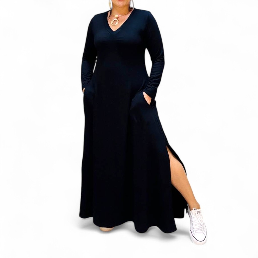 Vestido Plus Size Longo Manga Longa Viscolycra Fenda Lateral com Bolsos Confortável Moda Feminina