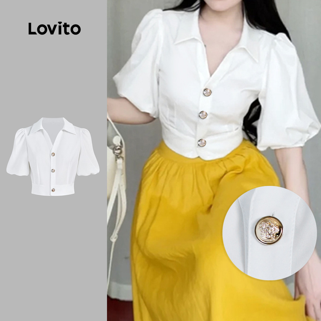 Lovito Blusa Feminina Elegante, Lisa, De Metal, Redonda, Verão/primavera L131LD1052