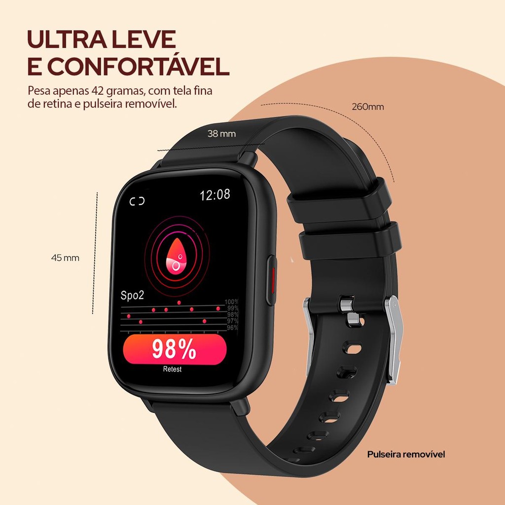 SmartWatch Fitness 24 Modos Esportivos Preto 45mm Tela 1,85 - WB