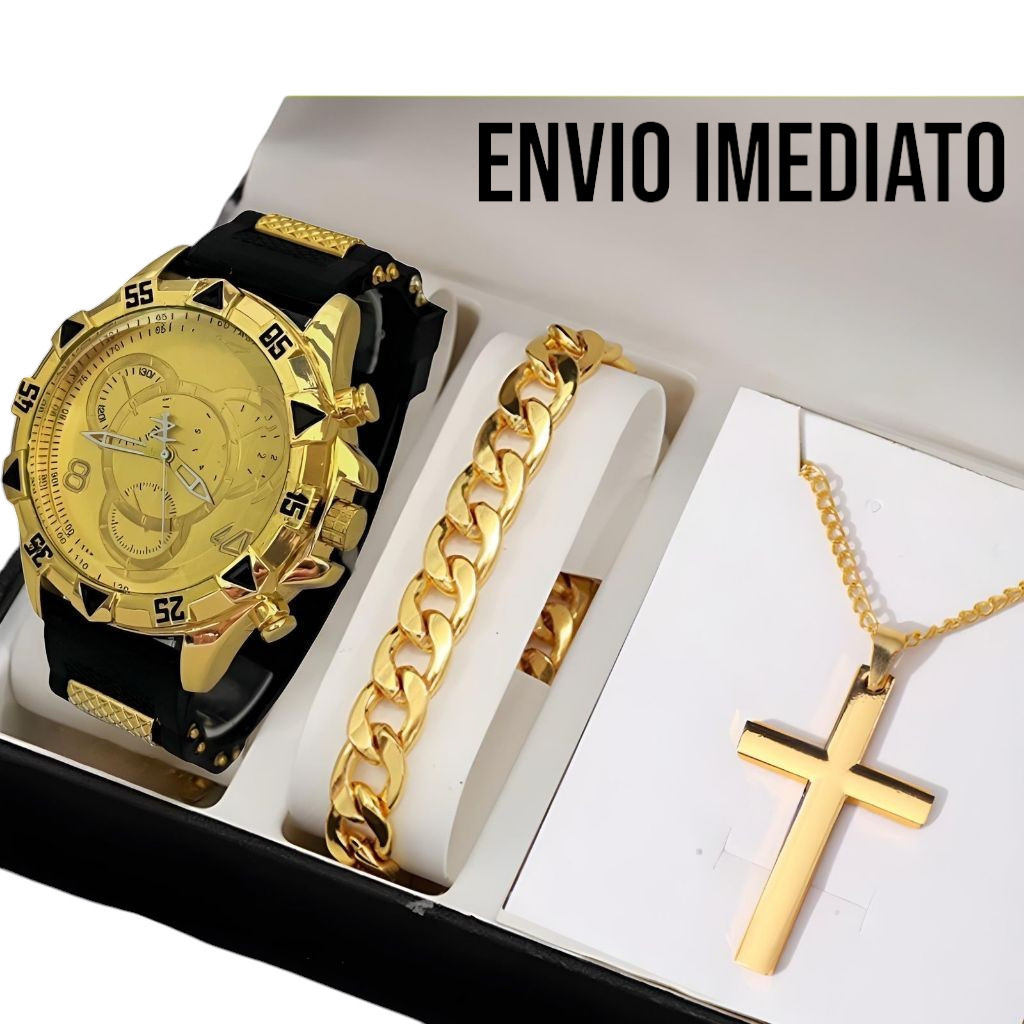 Kit Relogio Masculino Banhado Original + Colar com Cruz + Pulseira Premium