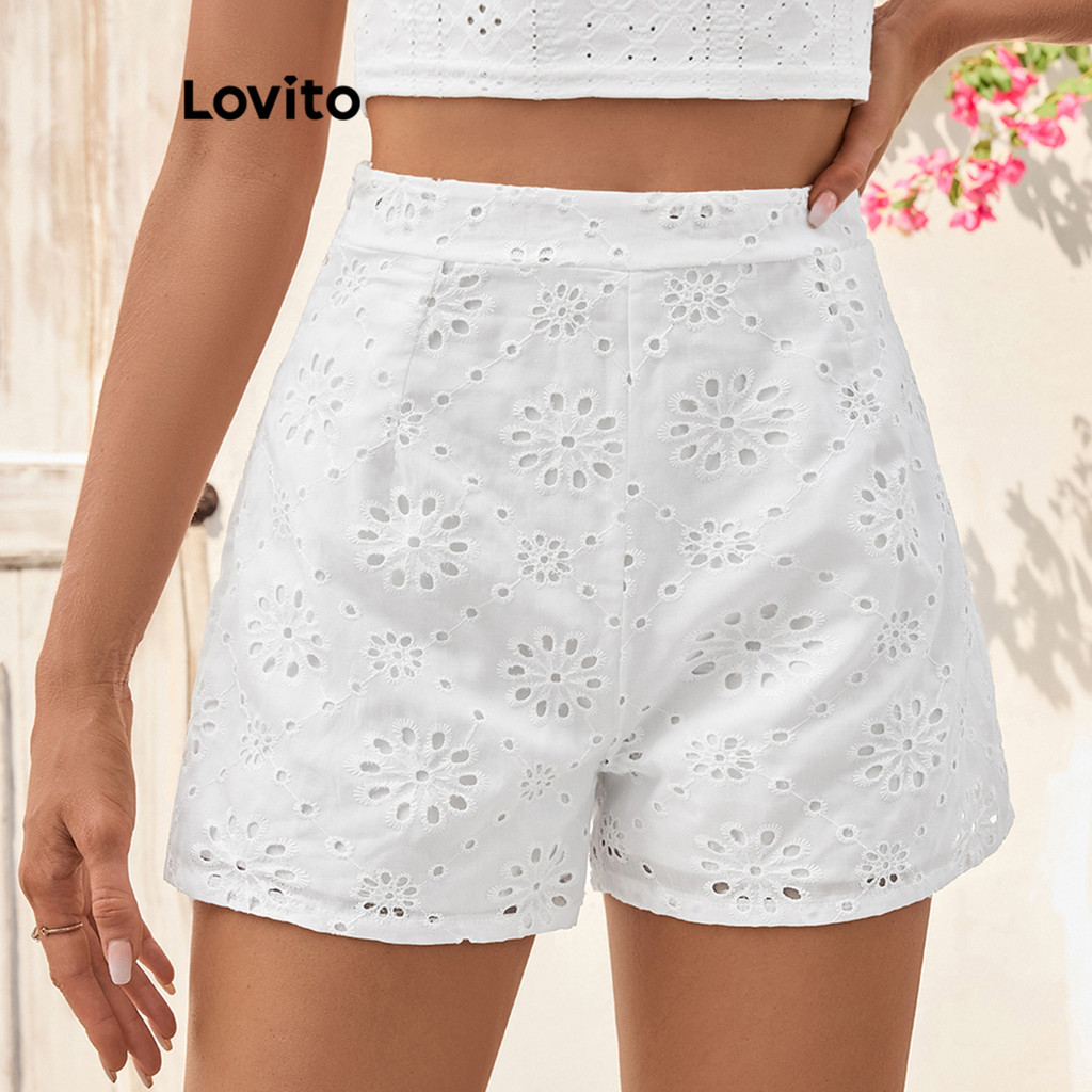 Lovito Shorts elegantes com bordados lisos e ilhós para mulheres LBL18106 em Oferta na Shopee