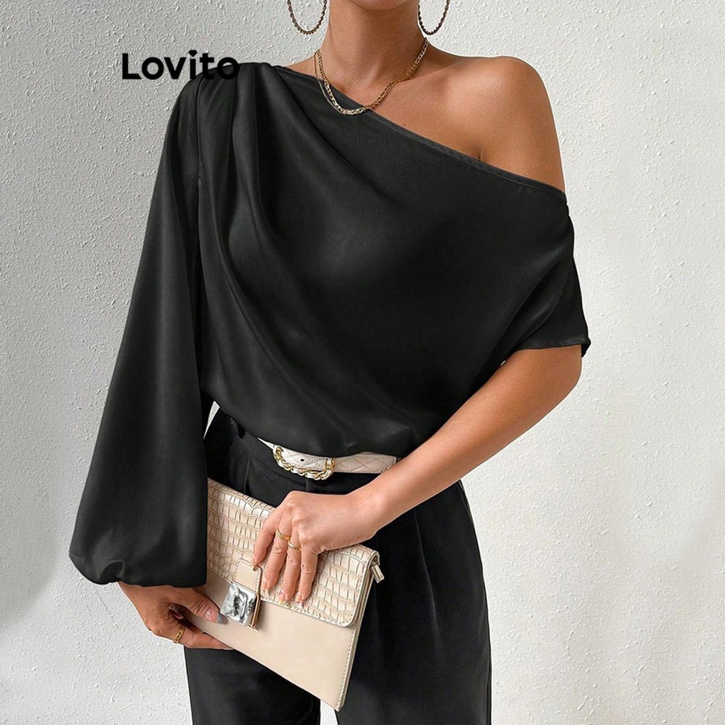 Lovito Blusa elegante lisa com ombros inclinados para mulheres LNL61238 - Women Clothes