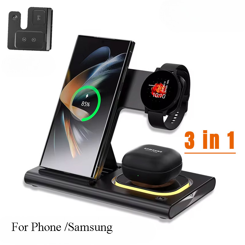 30W 3 Em 1 LED Suporte De Carregador Sem Fio Dobrável Para Telefone Ios/Samsung S24 S23 Watch 6 5 4 Active 1 2 Galaxy Bu