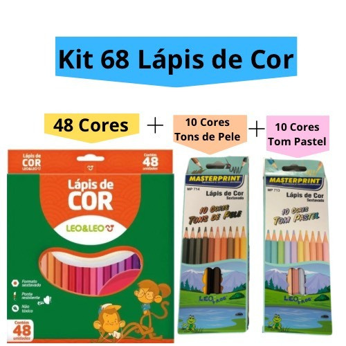 Kit 68 Lápis de Cor (48 CORES + 10 Cores Tom Pastel +10 Cores Tons de Pele) Sextavado Escolar em Oferta na Shopee