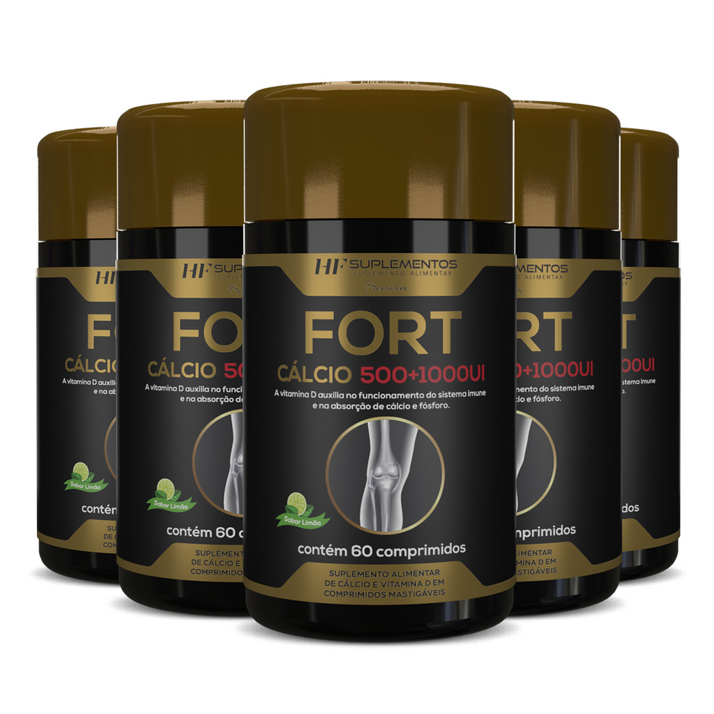 Fort Cálcio 500+1000UI Premium 60 comprimidos HF Suplementos Kit 5 unidades – Ossos Fortes, Saúde e Bem-Estar!