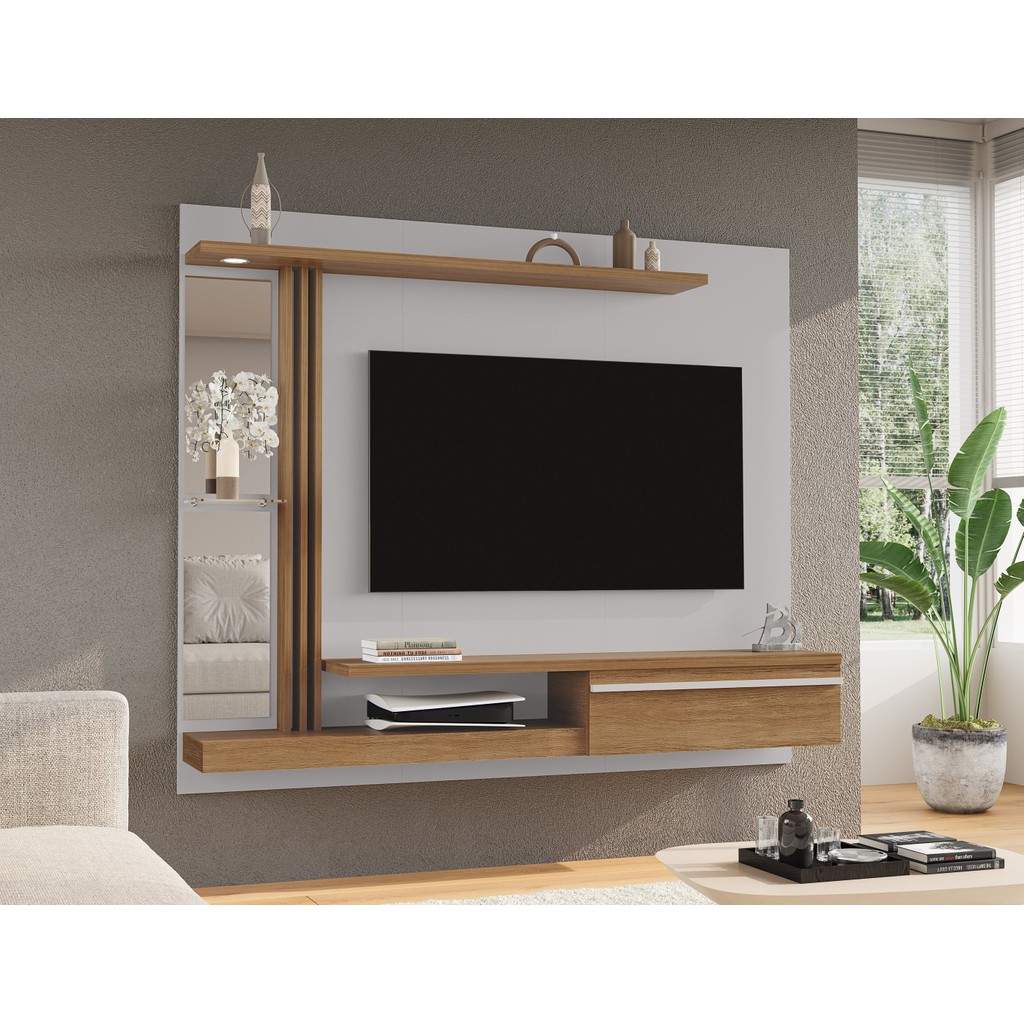 Painel para TV até 55 Polegadas LED Prateleira de Vidro Denver Off White/Cinamomo - Home & Living