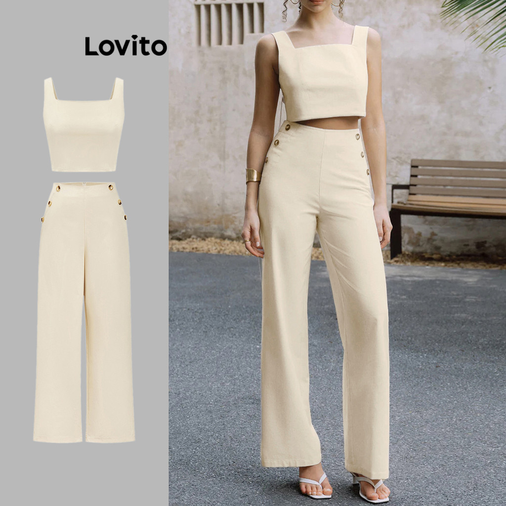 Lovito Tops ou calças femininas casuais com botões lisos L109MD808 - Women Clothes