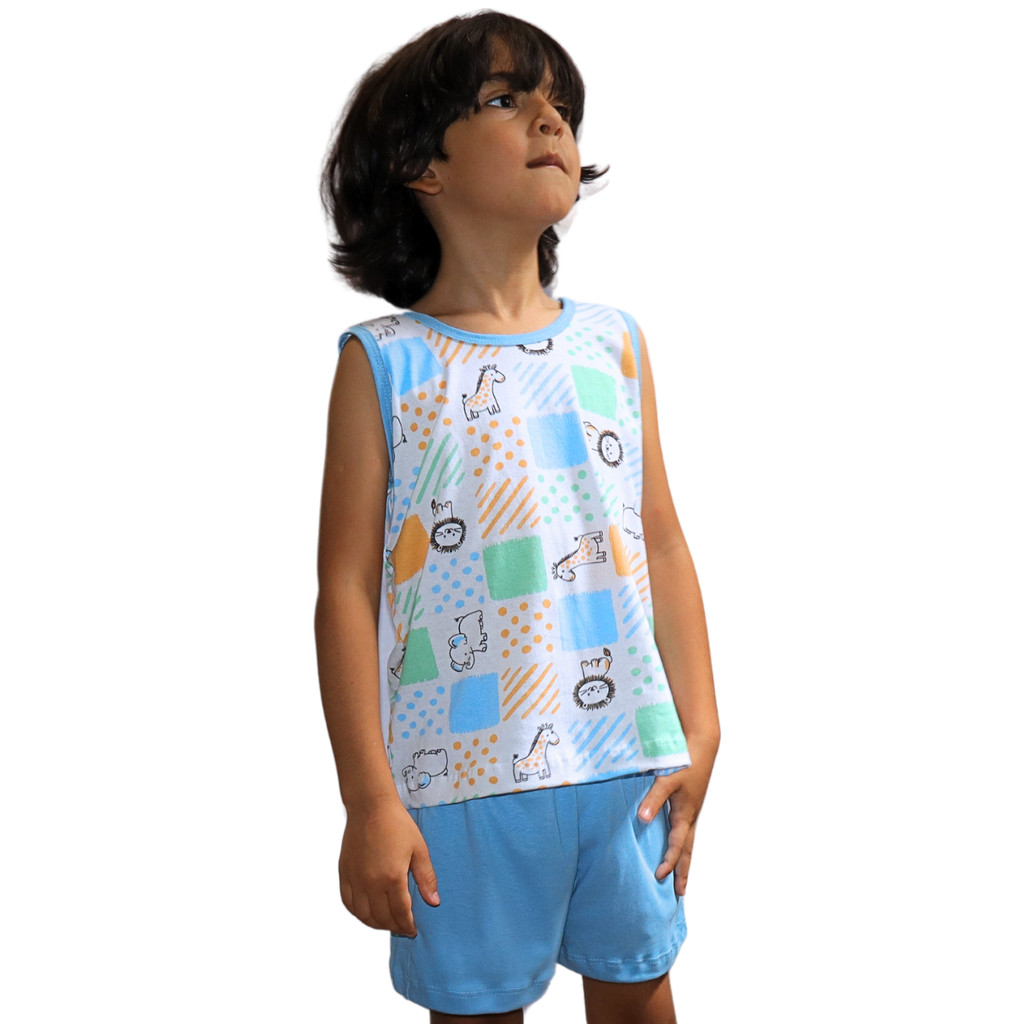 Conjunto Kit Pijama Regata Estampado com Short Juvenil Masculino Bermuda Algodão