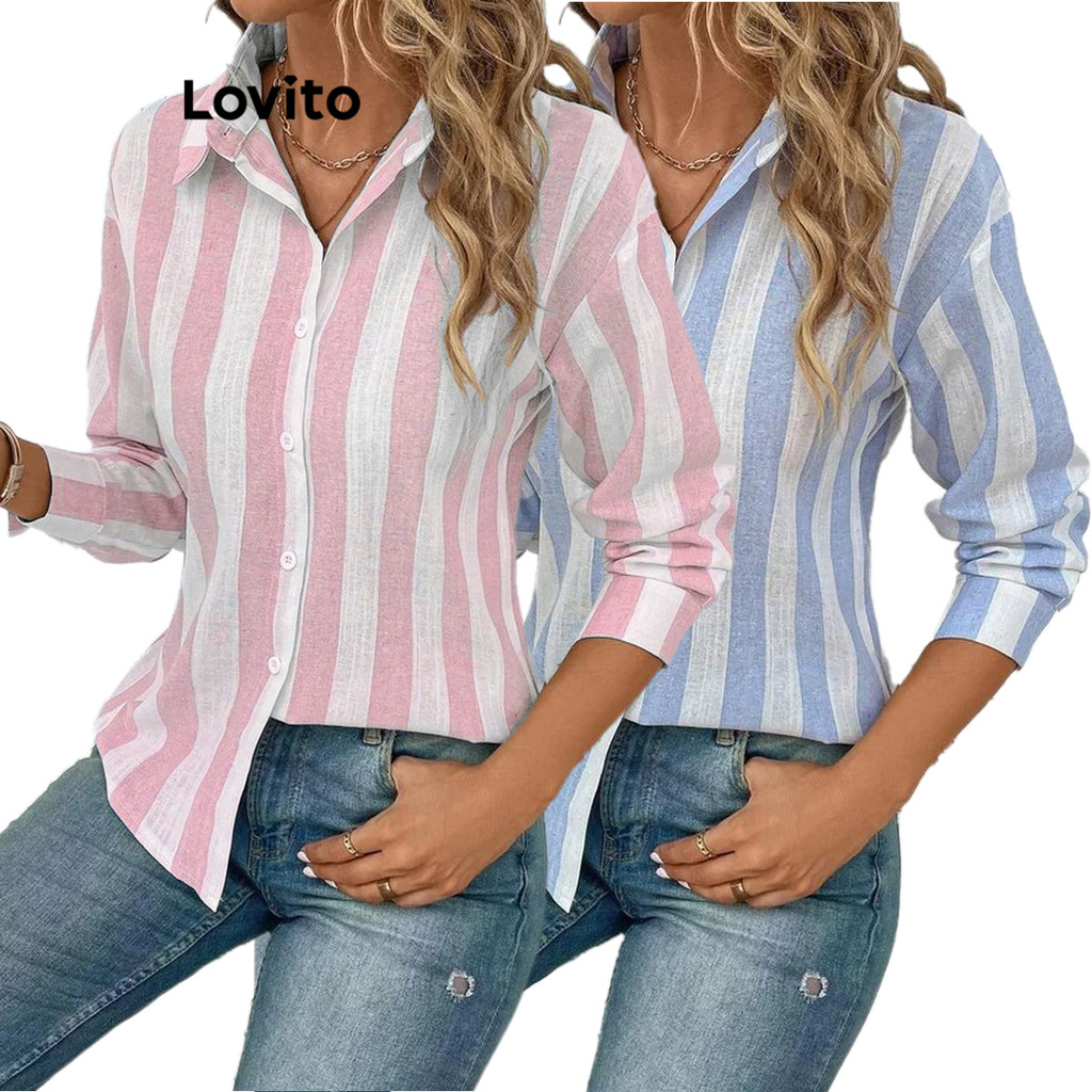 (Trendy) Lovito Blusa Casual Listrada Com Botões Colorblock Para Mulheres LNL54004 (Multicolorido) em Oferta na Shopee