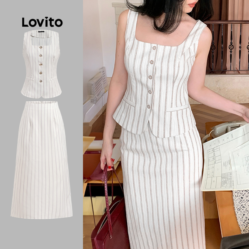 Lovito Tops Ou Calças Casuais Listradas Com Botão Frontal Verão/Primavera Tops Ou Calças Para Mulheres L129ED727 em Oferta na Shopee