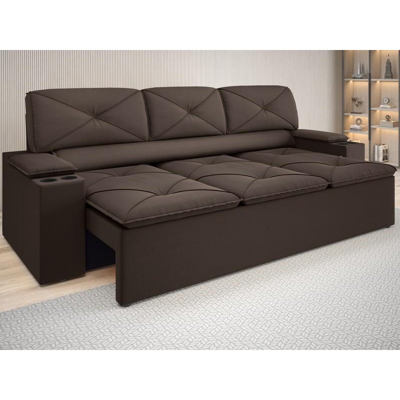Sofá com Porta Copos Retrátil e Reclinável Pop 2,05m Velosuede Chocolate - NETSOFAS