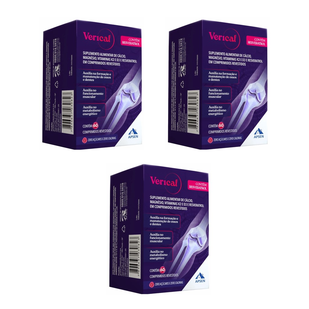 Kit 3 Verical Cálcio Resveratrol Magnésio Vit K e D  60cp