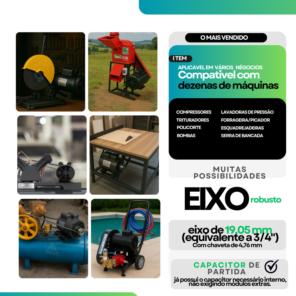 Motor Elétrico Mono 5cv Alta Rotação RPM Compressor de 20 pés Serra Bancada Triturador Forrageira — imagem 2 de 2